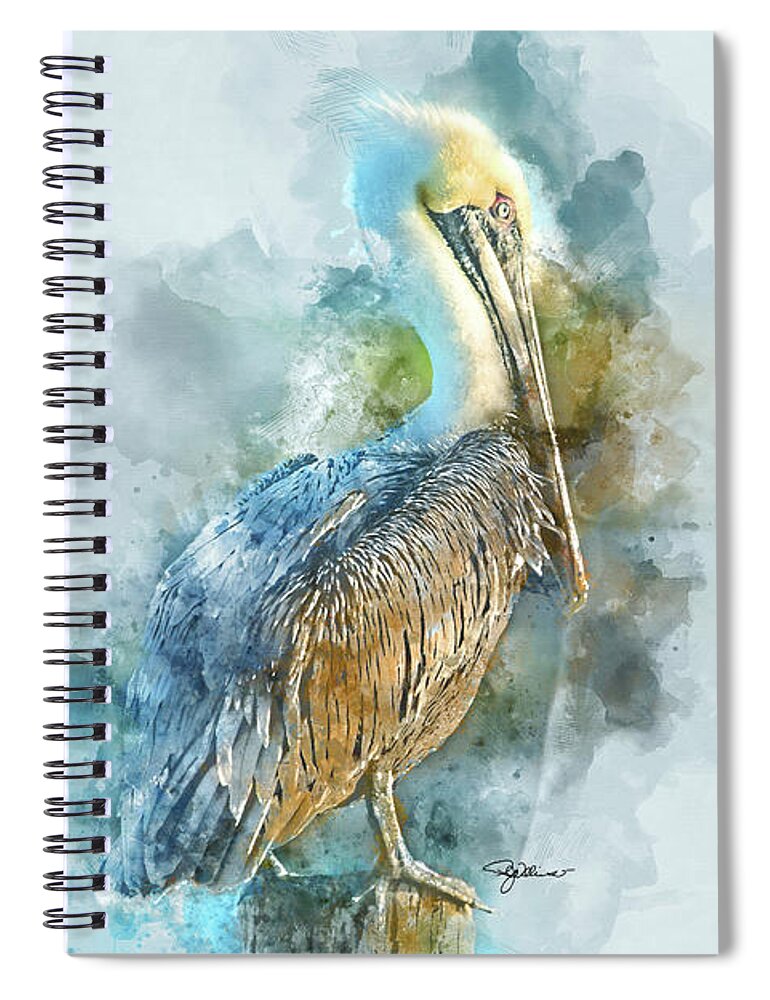 Pelican Spiral Notebook featuring the mixed media Pelican Watercolor by Pamela Williams