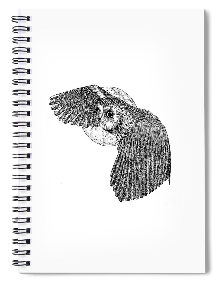 Pen And Ink Owl And Moon Drawing Abstract Expressionist Effect Spiral Notebook featuring the drawing Pen and Ink Owl And Moon Drawing Abstract Expressionist Effect by Rose Santuci-Sofranko