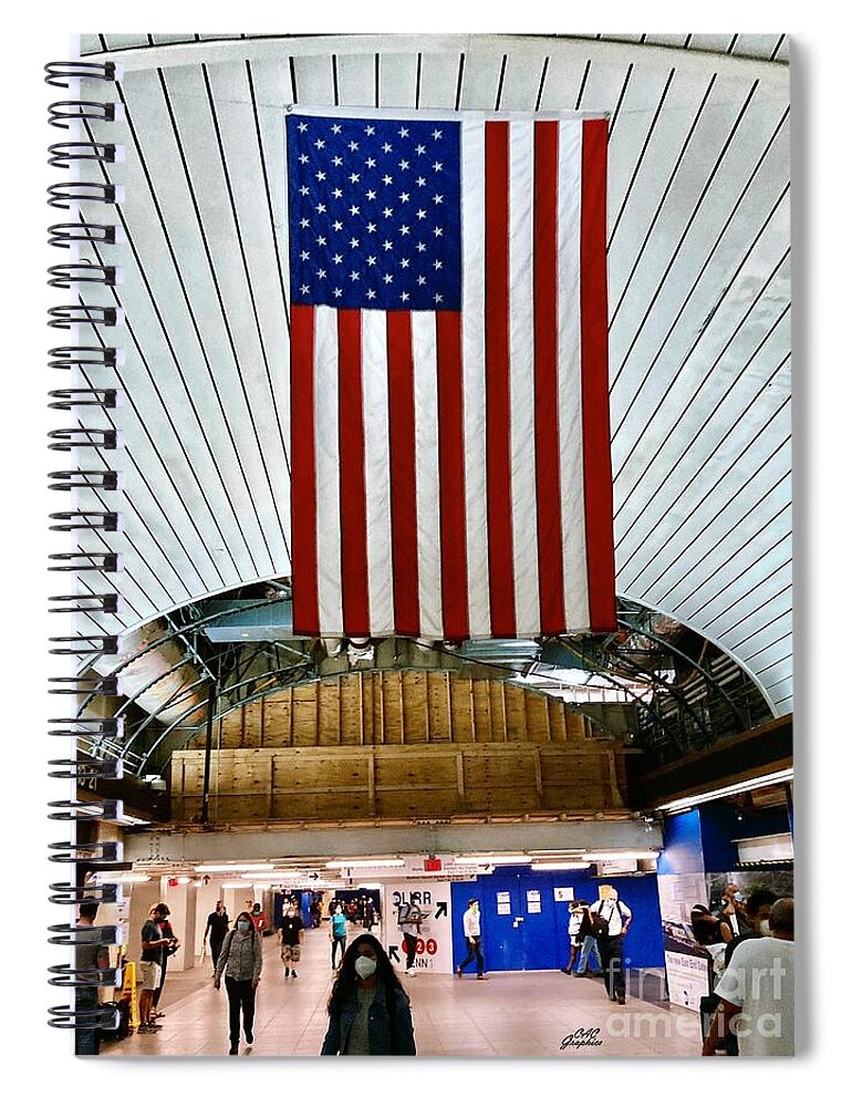 New York City Spiral Notebook featuring the photograph Penn Station NYC Flag by CAC Graphics