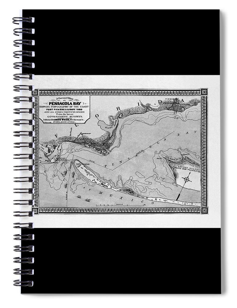 Florida Map Spiral Notebook featuring the photograph Pensacola Bay Florida Vintage Map 1860 Black and White by Carol Japp