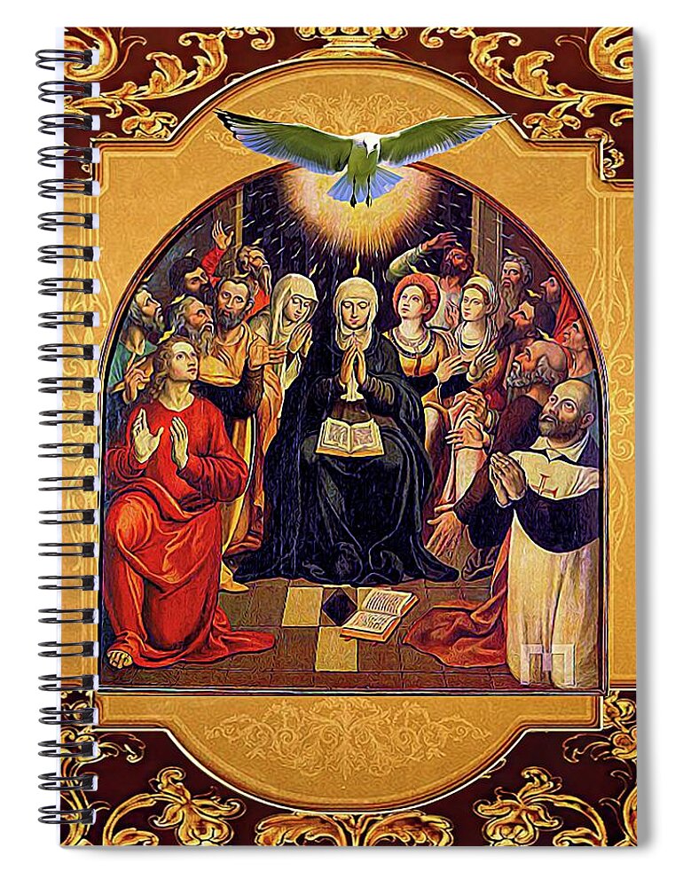 Pentecost Spiral Notebook featuring the mixed media Pentecost Virgin Mary and Apostles by Ancient icon