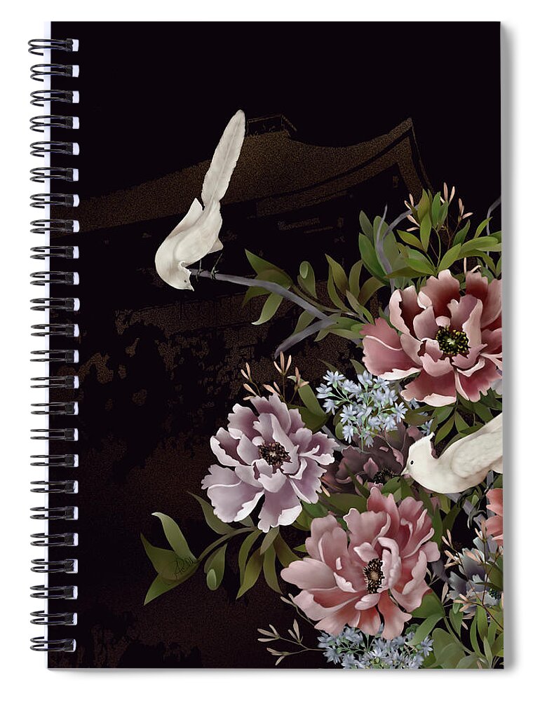 Chinoiserie Spiral Notebook featuring the digital art Peonies and Birds Glitter Temple Chinoiserie by Sand And Chi