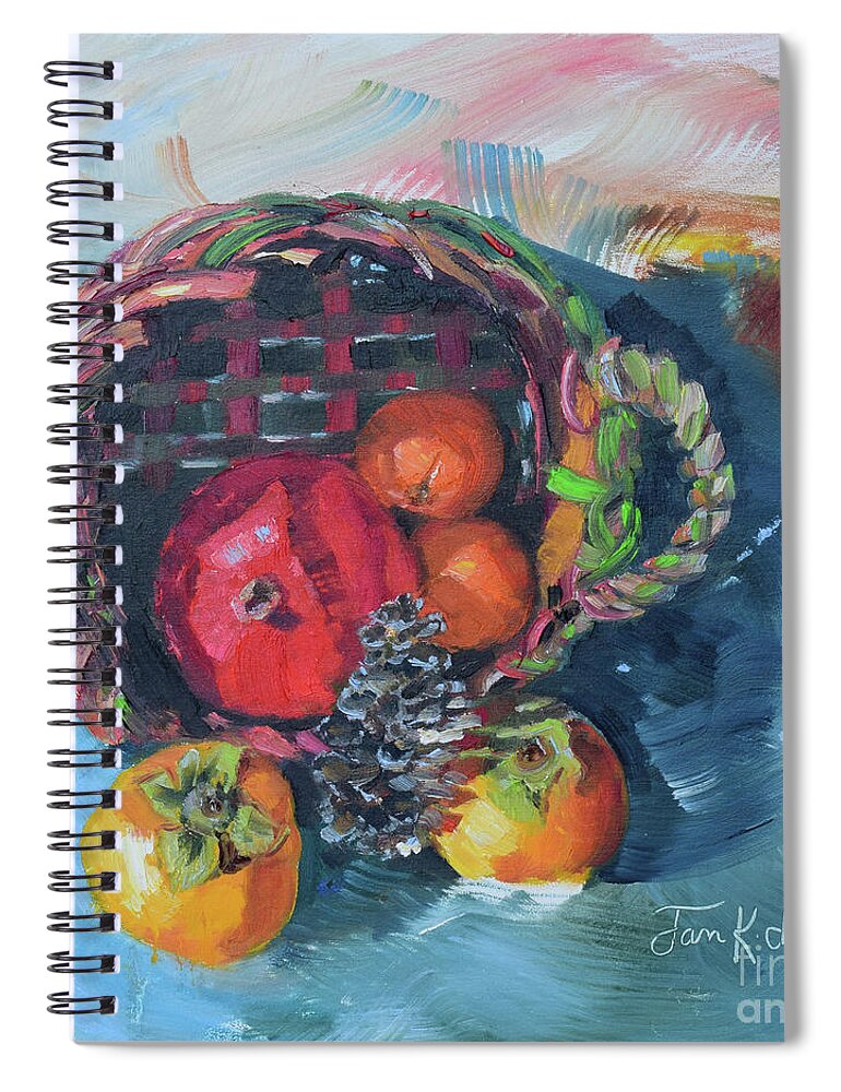 Spiral Notebook featuring the painting Persimmons and Pomegranate in Mother's Basket by Jan Dappen