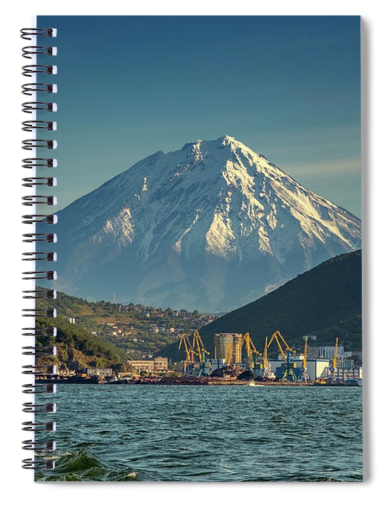 Volcano Spiral Notebook featuring the photograph Petropavlovsk-Kamchatsky ocean and volcano by Mikhail Kokhanchikov