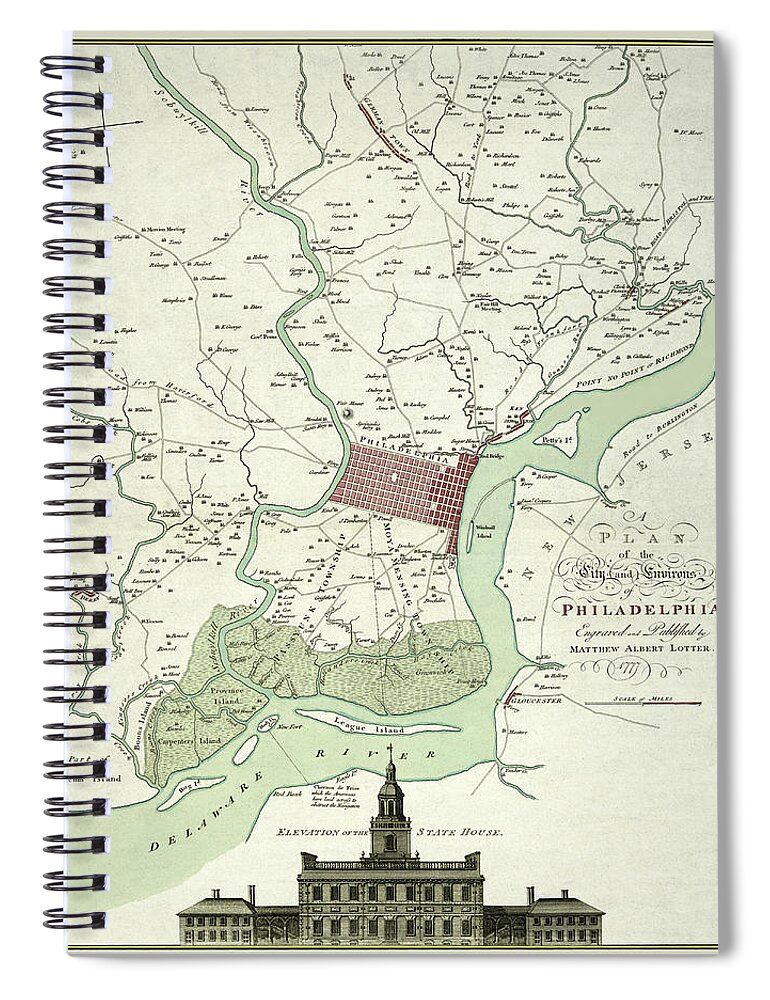 Map Spiral Notebook featuring the photograph Philadelphia 1777 Map with Independence Hall and Nearby Region. by Phil Cardamone