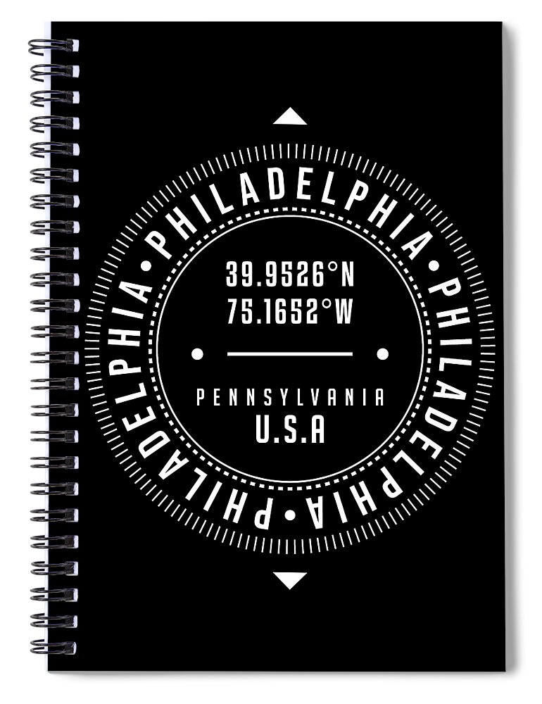 Philadelphia Spiral Notebook featuring the digital art Philadelphia, Pennsylvania, USA - 2 - City Coordinates Typography Print - Classic, Minimal by Studio Grafiikka