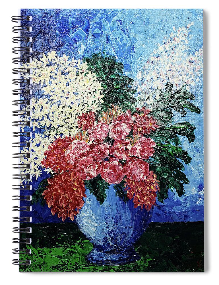 Abstract Spiral Notebook featuring the painting PICASSO'S FLOWERS Abstract in Blue Red White by Lynnie Lang