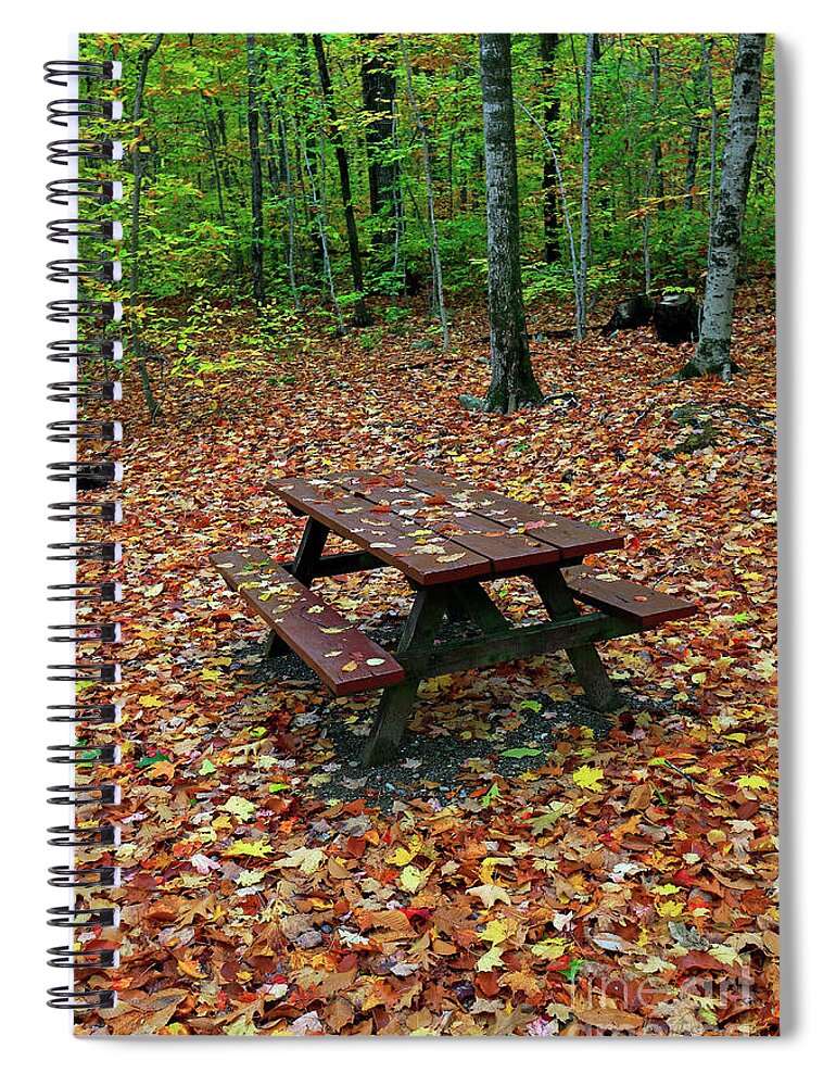 Fall Spiral Notebook featuring the photograph Picnic table. Autumn by Kevin Shields