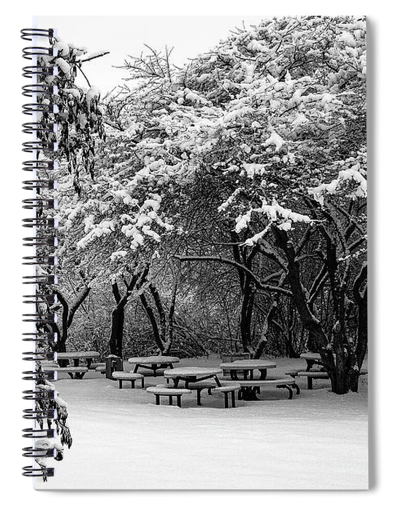 Black & White Photography Spiral Notebook featuring the photograph Picnic Under Snow Branches by Deb Beausoleil