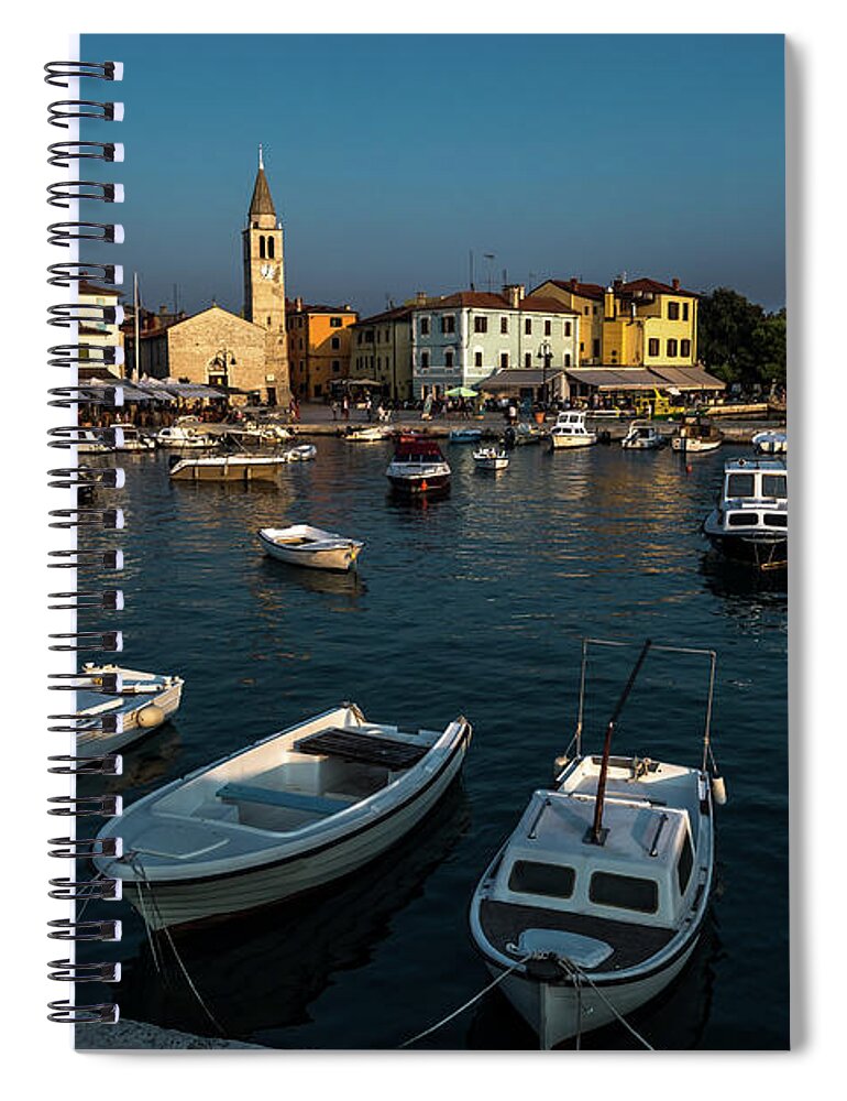 Accommodation Spiral Notebook featuring the photograph Picturesque Village Fazana In Croatia With Old Church And Boats In Harbor by Andreas Berthold