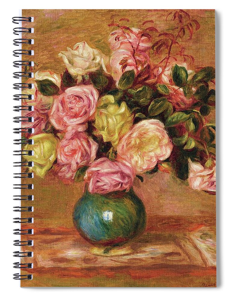 Pierre Auguste Renoir Bouquet Of Roses In A Vase Spiral Notebook featuring the painting Pierre Auguste Renoir Bouquet of roses in a vase by MotionAge Designs