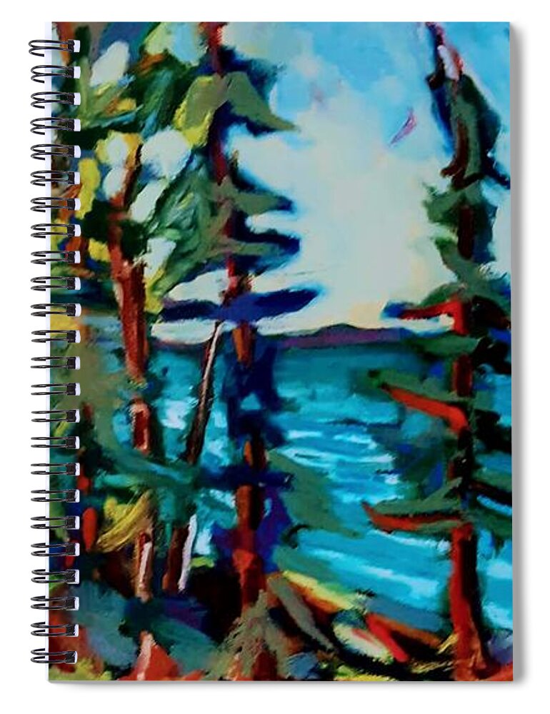 Pine Tree Paintings Spiral Notebook featuring the painting Pines Trees on the Straits of Mackinac by Marysue Ryan