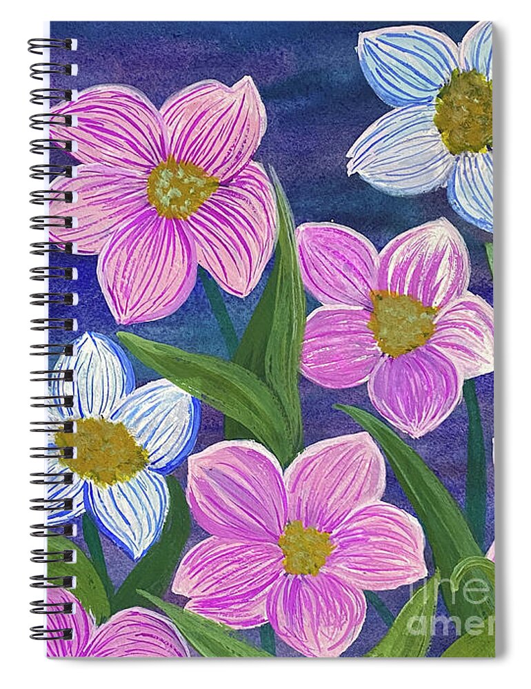 Pink Spiral Notebook featuring the mixed media Pink and Blue Flowers by Lisa Neuman