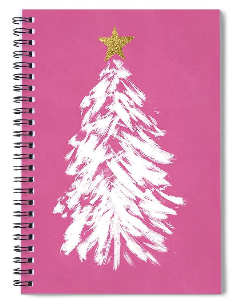 Christmas Spiral Notebook featuring the mixed media Pink and White Christmas Tree- Art by Linda Woods by Linda Woods