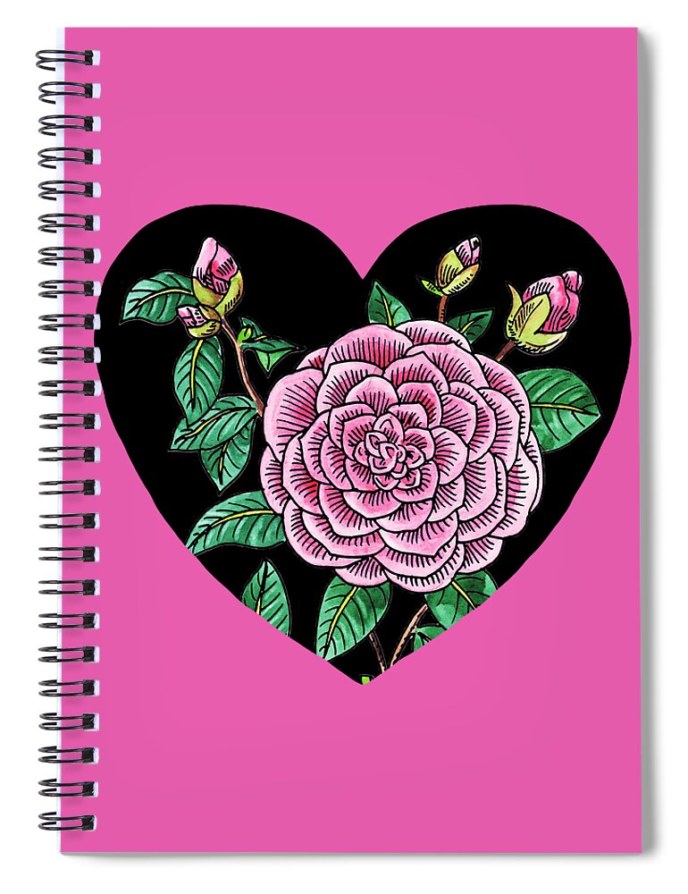 Heart And Flowers Spiral Notebook featuring the painting Pink Camellia Flower Heart Watercolor Art by Irina Sztukowski