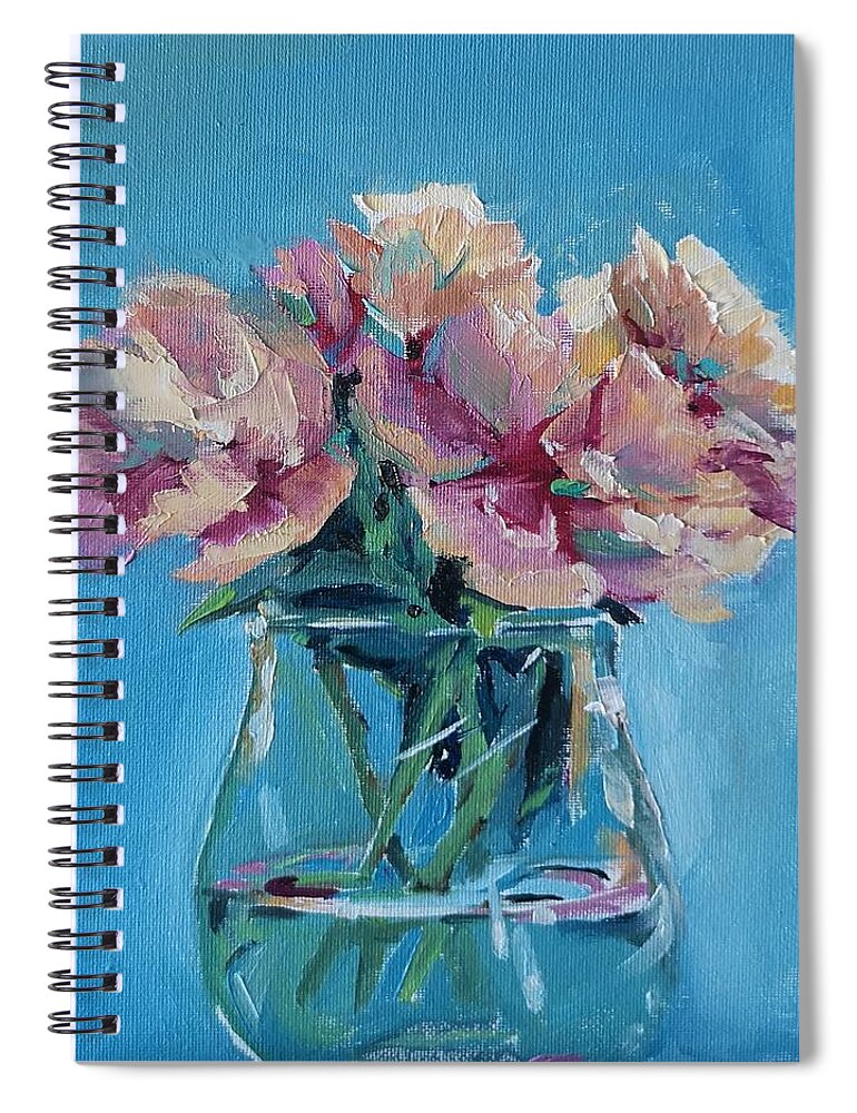 Pink Spiral Notebook featuring the painting Pink Flowers with Blue by Sheila Romard