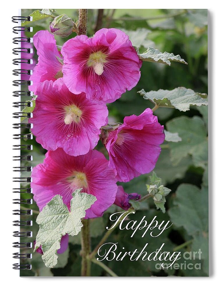 Happy Birthday Spiral Notebook featuring the photograph Pink Hollyhocks Birthday Card by Carol Groenen