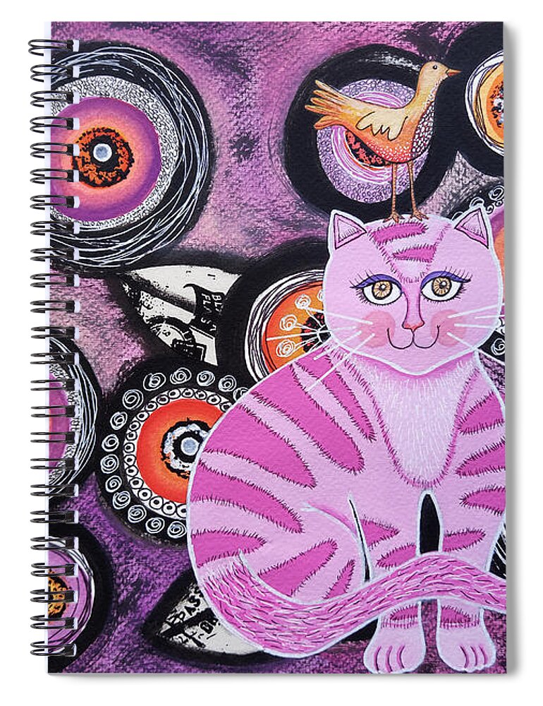 Cat Spiral Notebook featuring the painting Pink kitten with flowers by Graciela Bello