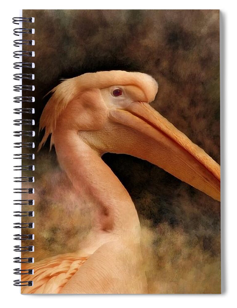 Pelican Spiral Notebook featuring the mixed media Pink Pelican Bird 81 by Lucie Dumas