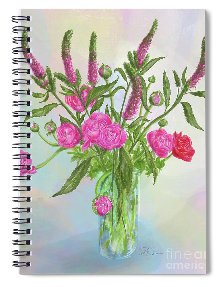 Ranunculus Spiral Notebook featuring the mixed media Pink Ranunculus Bouquet by Shari Warren
