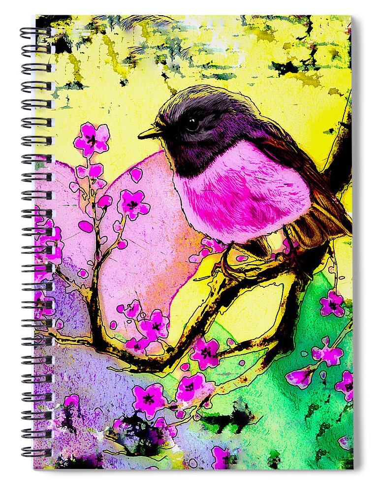 Bird Spiral Notebook featuring the painting Pink Robin Madness by Miki De Goodaboom