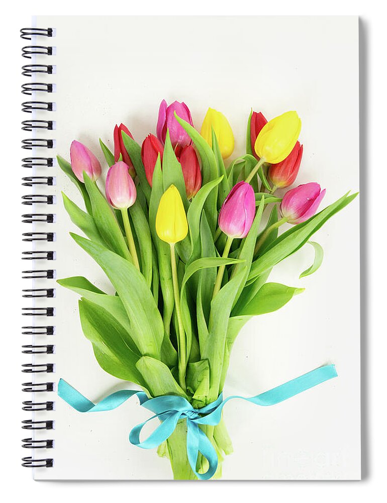 Easter Spiral Notebook featuring the photograph Pink, yeelow and violet tulips flowers by Anastasy Yarmolovich
