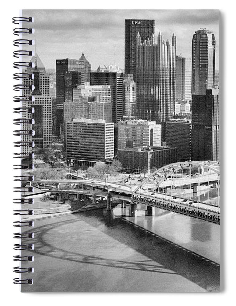 Pittsburgh Spiral Notebook featuring the photograph Pittsburgh Liberty Bridge Reflections Black And White by Adam Jewell
