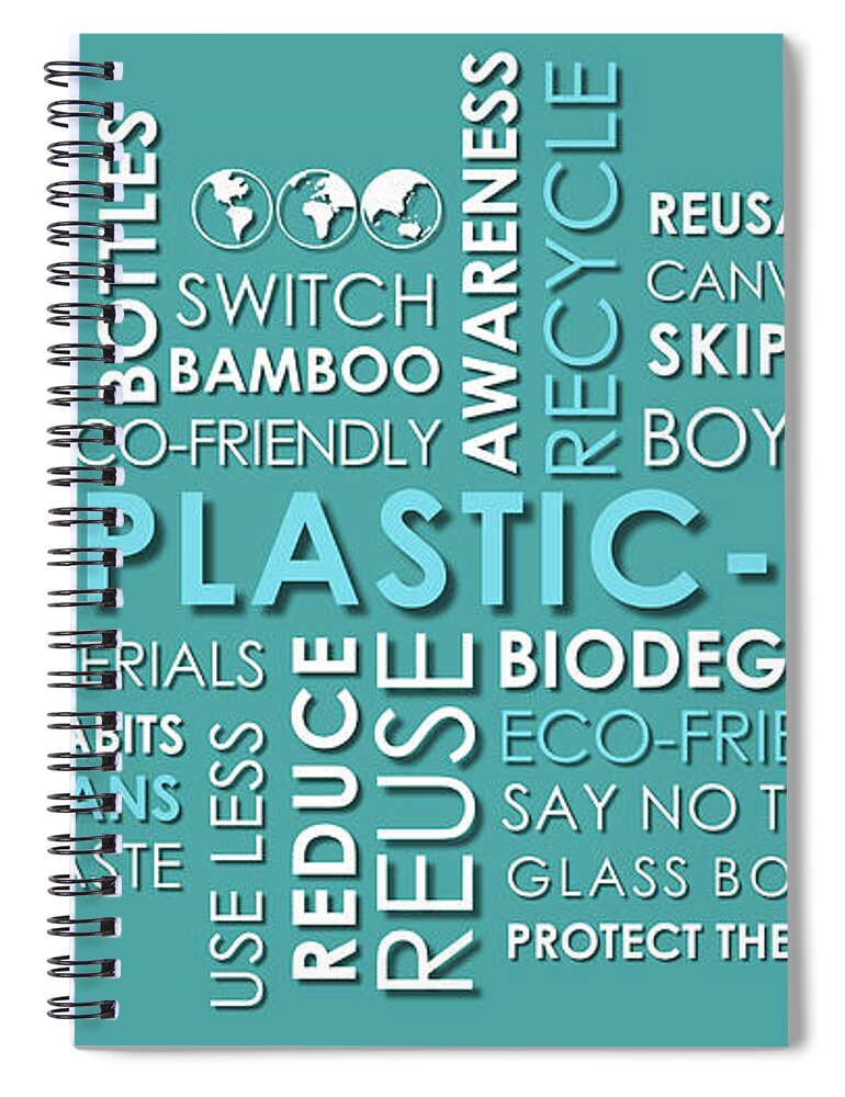 Zero Waste Spiral Notebook featuring the photograph Plastic Free related words animated text word cloud by Milleflore Images
