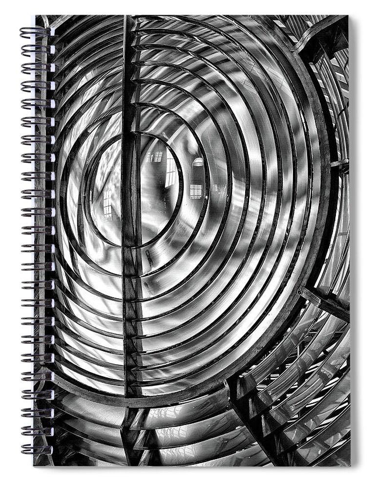 Fresnel Lens Spiral Notebook featuring the photograph Point Arena Lighthouse Fresnel Lens Glass and Brass Black and White Abstract by Kathleen Bishop