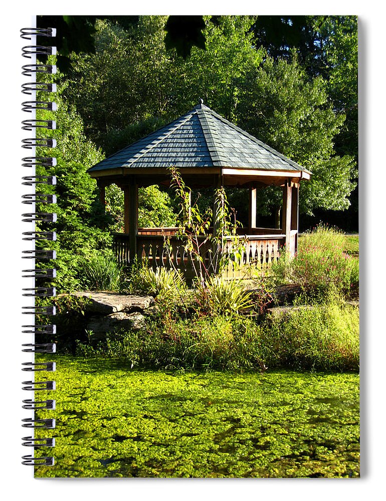 Tranquil Spiral Notebook featuring the photograph Pond and Gazebo in Golden Hour, Early Autumn by Steve Ember