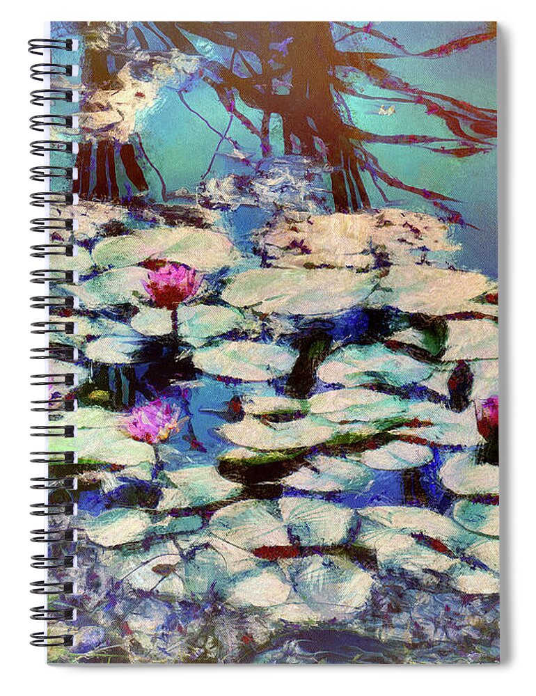 Pond Spiral Notebook featuring the mixed media Pond Lilies at the End of Summer by Christopher Reed