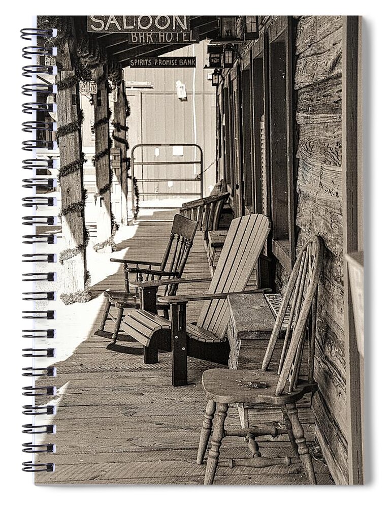 Porch Chair Old B&w Barn Spiral Notebook featuring the photograph Porch by John Linnemeyer