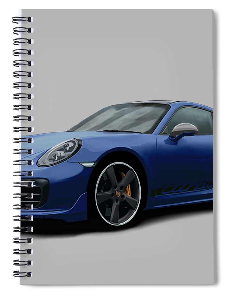 Hand Drawn Spiral Notebook featuring the digital art Porsche 911 991 Turbo S Digitally Drawn - Dark Blue with side decals script by Moospeed Art