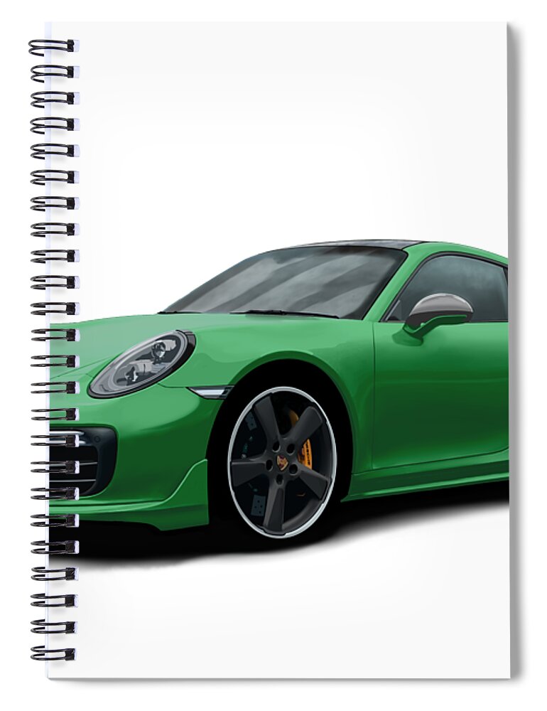 Hand Drawn Spiral Notebook featuring the digital art Porsche 911 991 Turbo S Digitally Drawn - Green by Moospeed Art