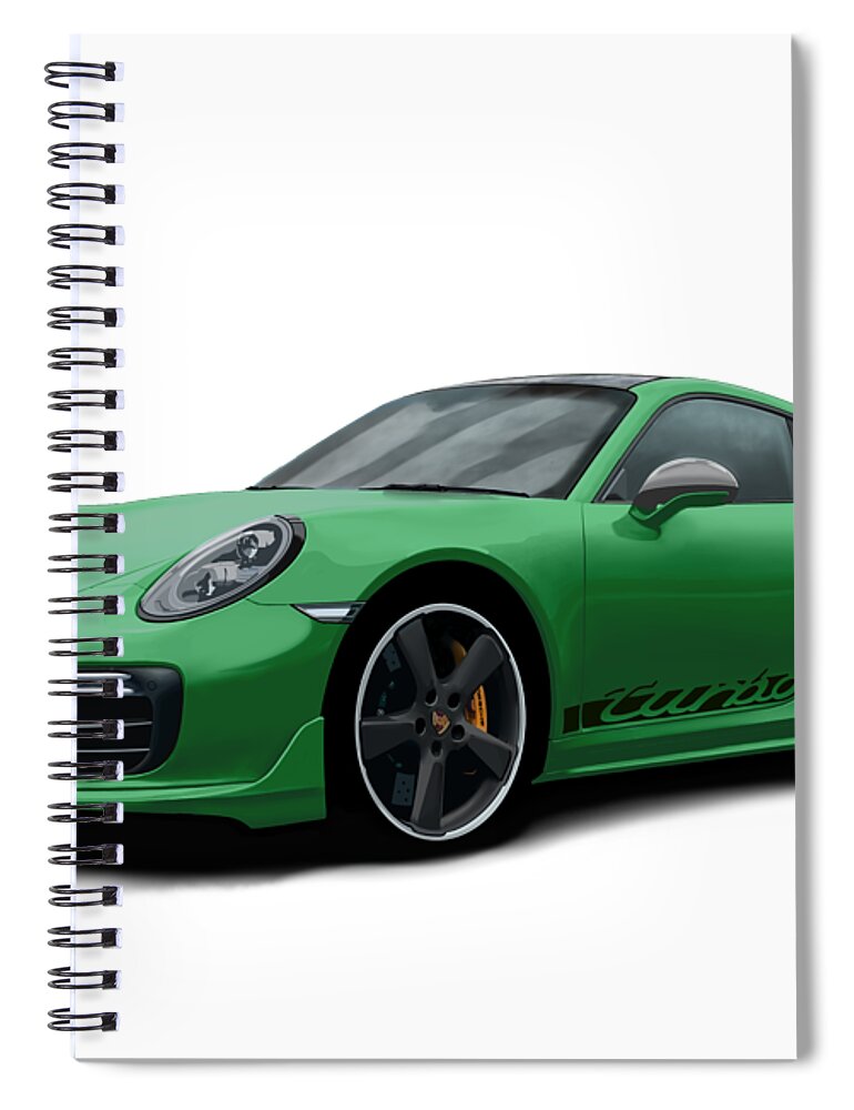 Hand Drawn Spiral Notebook featuring the digital art Porsche 911 991 Turbo S Digitally Drawn - Green with side decals script by Moospeed Art