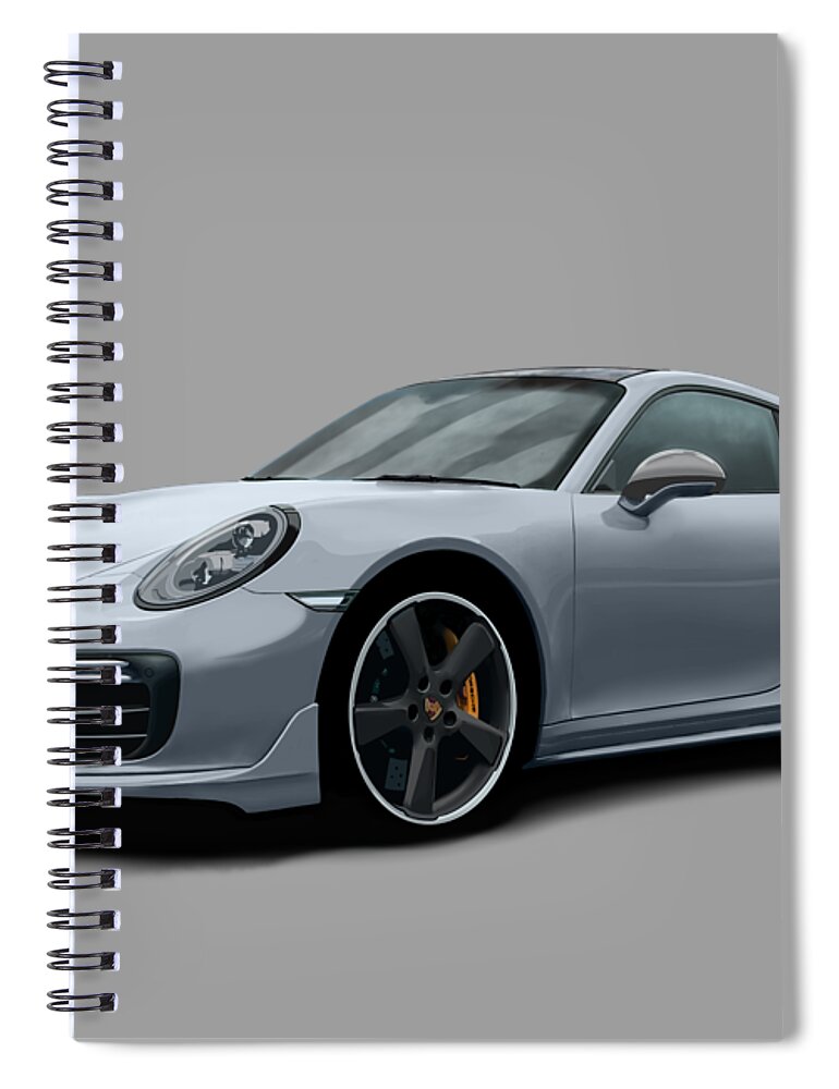 Hand Drawn Spiral Notebook featuring the digital art Porsche 911 991 Turbo S Digitally Drawn - Grey by Moospeed Art