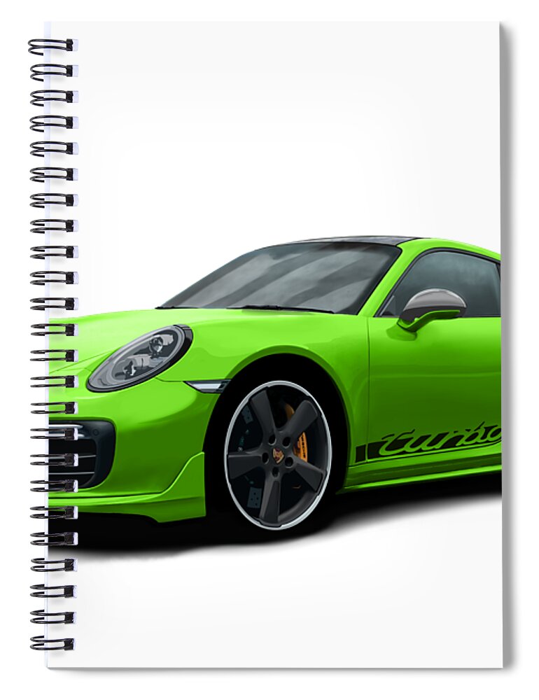 Hand Drawn Spiral Notebook featuring the digital art Porsche 911 991 Turbo S Digitally Drawn - Light Green with side decals script by Moospeed Art