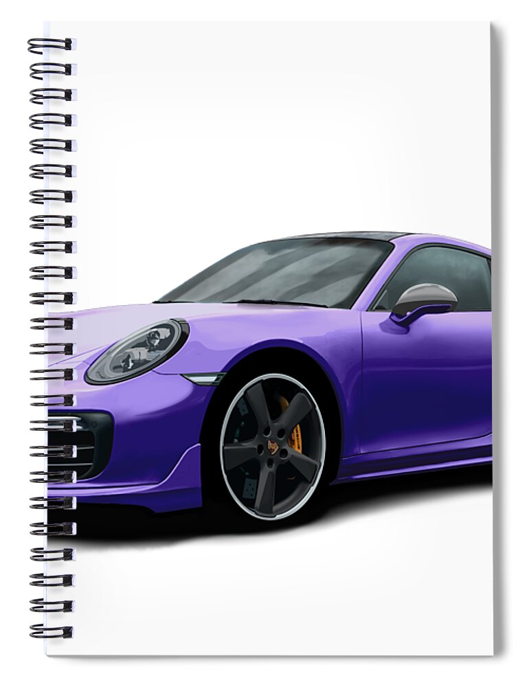 Hand Drawn Spiral Notebook featuring the digital art Porsche 911 991 Turbo S Digitally Drawn - Purple by Moospeed Art