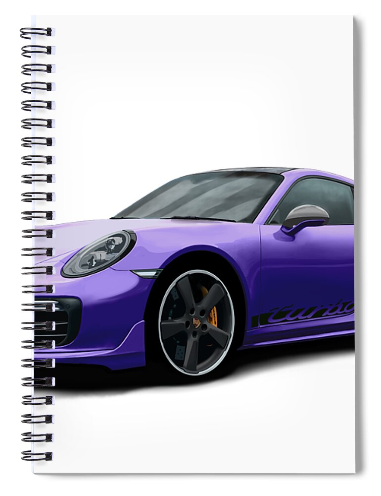Hand Drawn Spiral Notebook featuring the digital art Porsche 911 991 Turbo S Digitally Drawn - Purple with side decals script by Moospeed Art