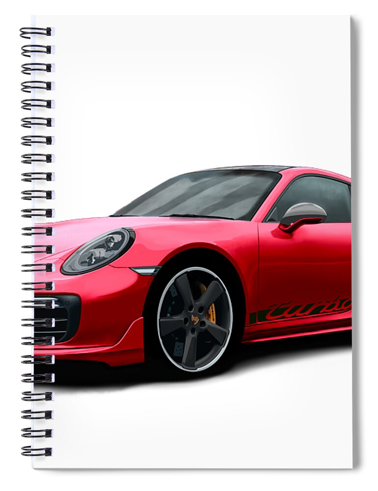 Hand Drawn Spiral Notebook featuring the digital art Porsche 911 991 Turbo S Digitally Drawn - Red with side decals script by Moospeed Art