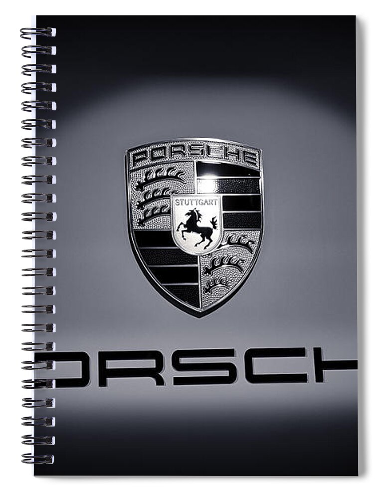 Porsche 911 Spiral Notebook featuring the photograph Porsche Car Emblem isolated BW 2 by Stefano Senise