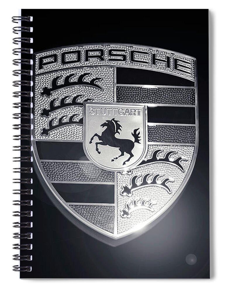 Porsche Spiral Notebook featuring the photograph Porsche Car Emblem isolated BW by Stefano Senise