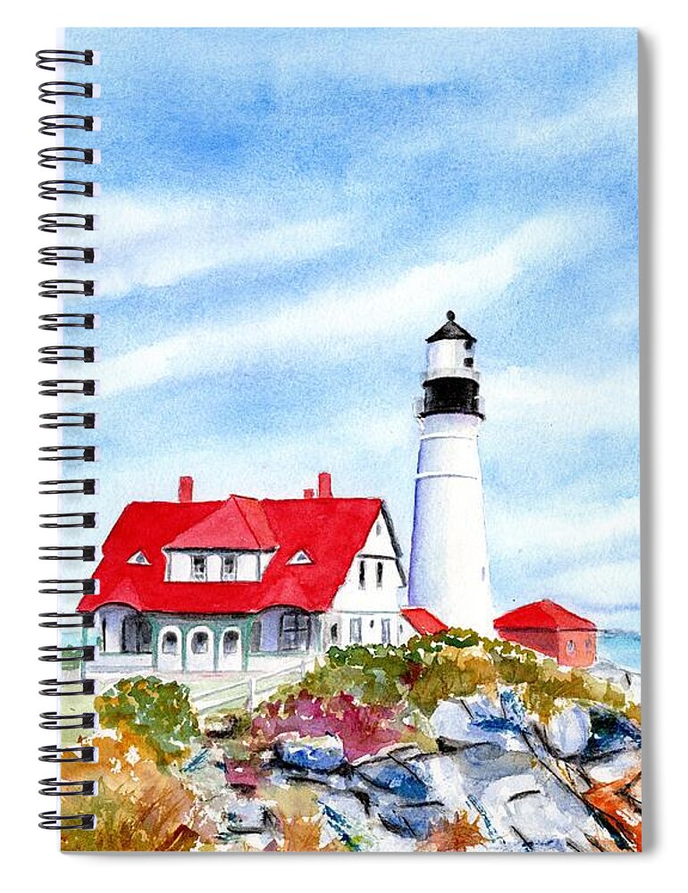 Portland Head Light Spiral Notebook featuring the painting Portland Head Lighthouse Maine by Carlin Blahnik CarlinArtWatercolor