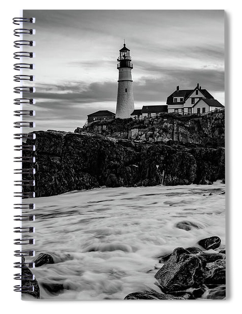 Portland Head Light Spiral Notebook featuring the photograph Portland Head Lighthouse With Crashing Waves - Black and White by Gregory Ballos