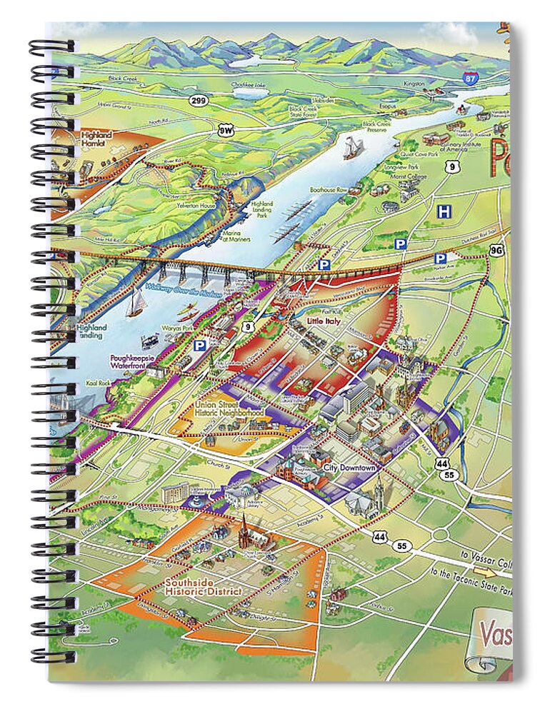 Vassar College Spiral Notebook featuring the digital art Poughkeepsie and Vassar College Illustrated Map by Maria Rabinky