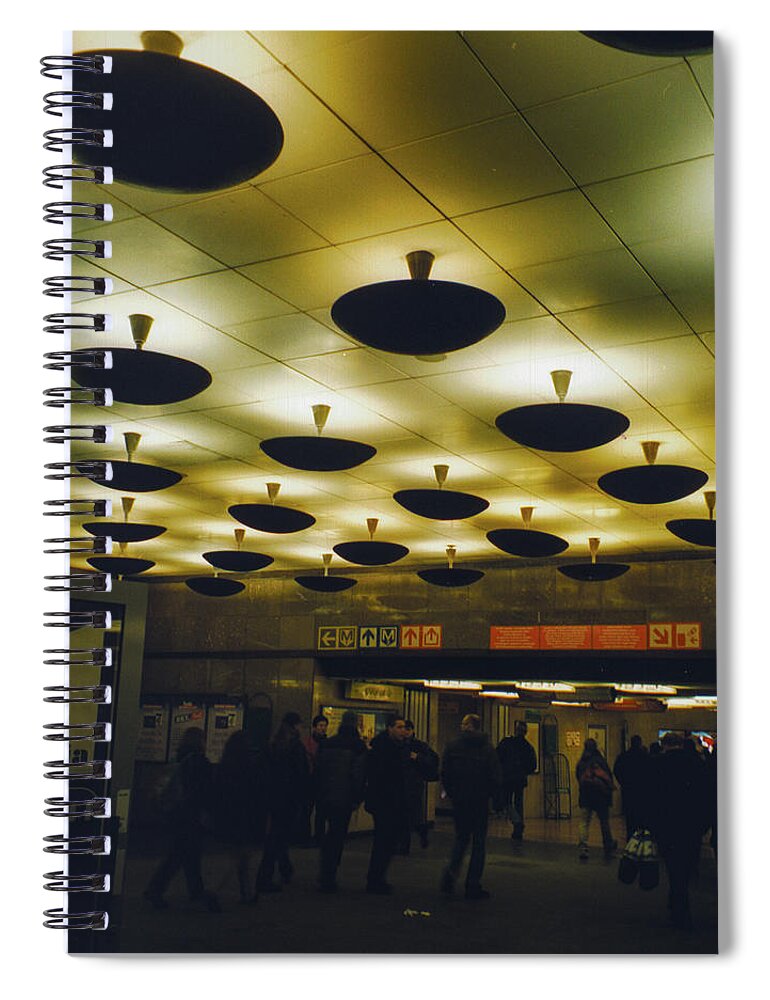 Flying Spiral Notebook featuring the photograph Prague Subway with Flying Saucer Lighting by Matthew Bamberg