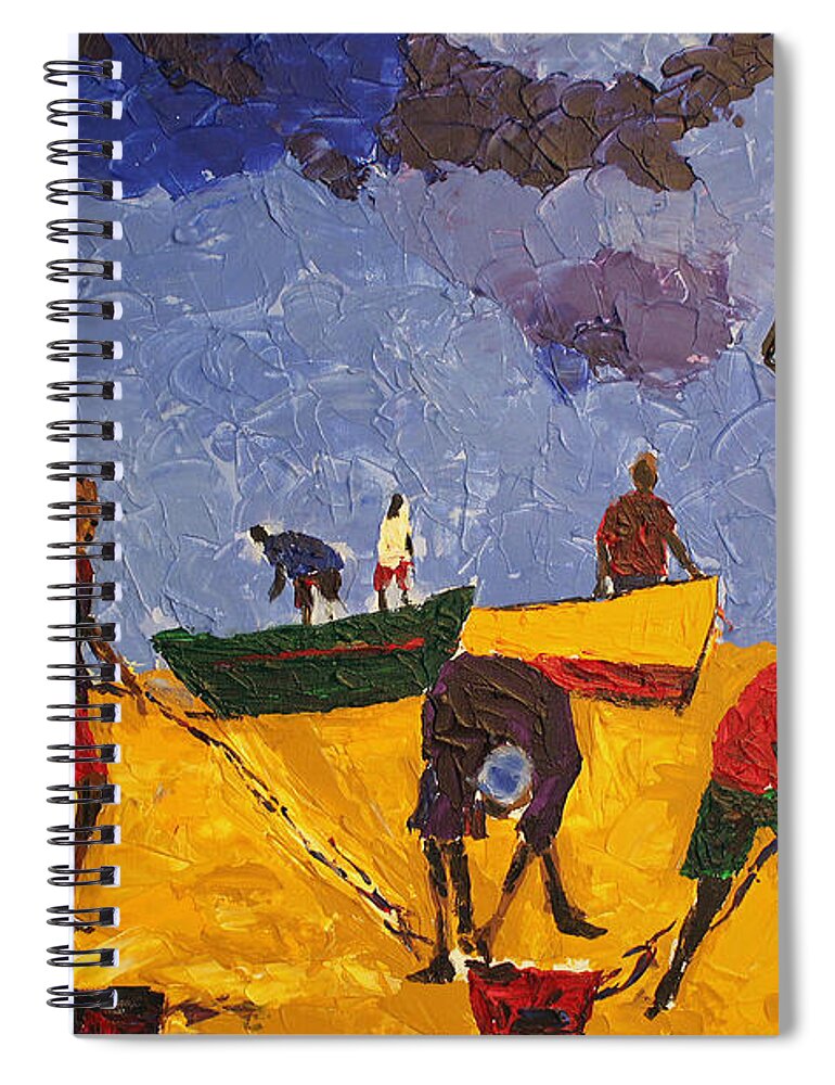African Art Spiral Notebook featuring the painting Preparing For The Catch by Tarizai Munsvhenga