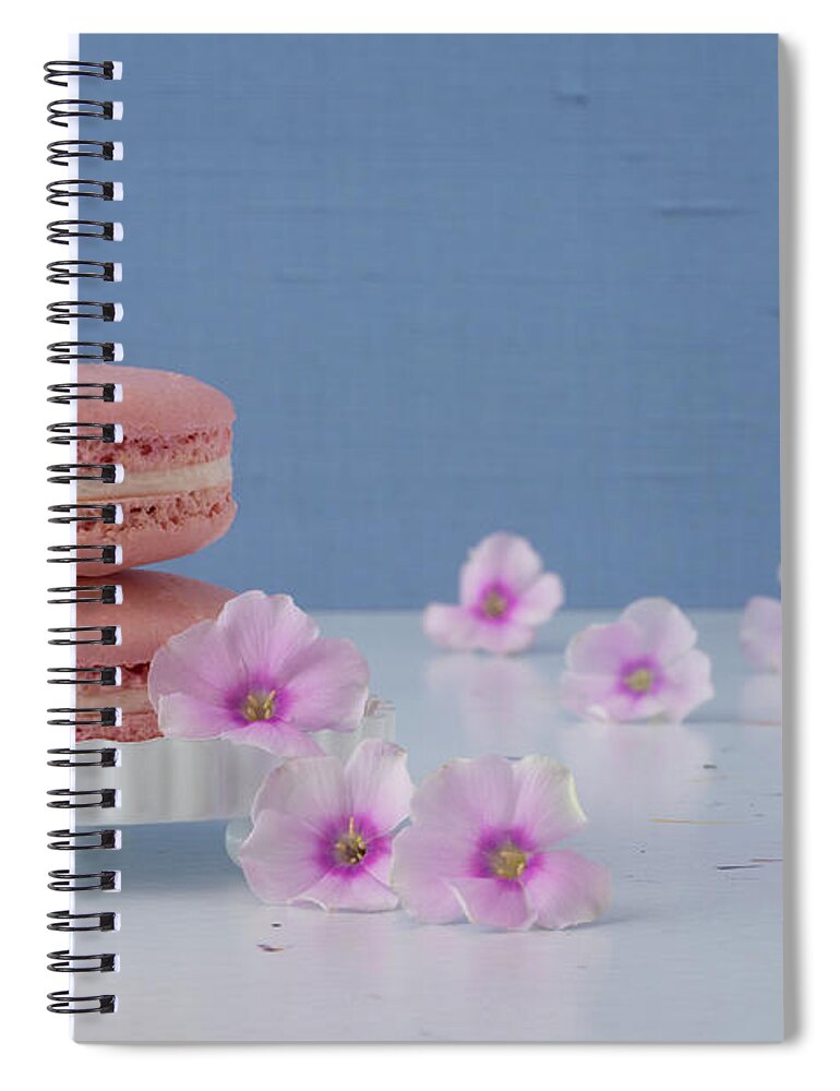 Macaron Spiral Notebook featuring the photograph Pretty Pink Macarons and Flowers by Tina Horne