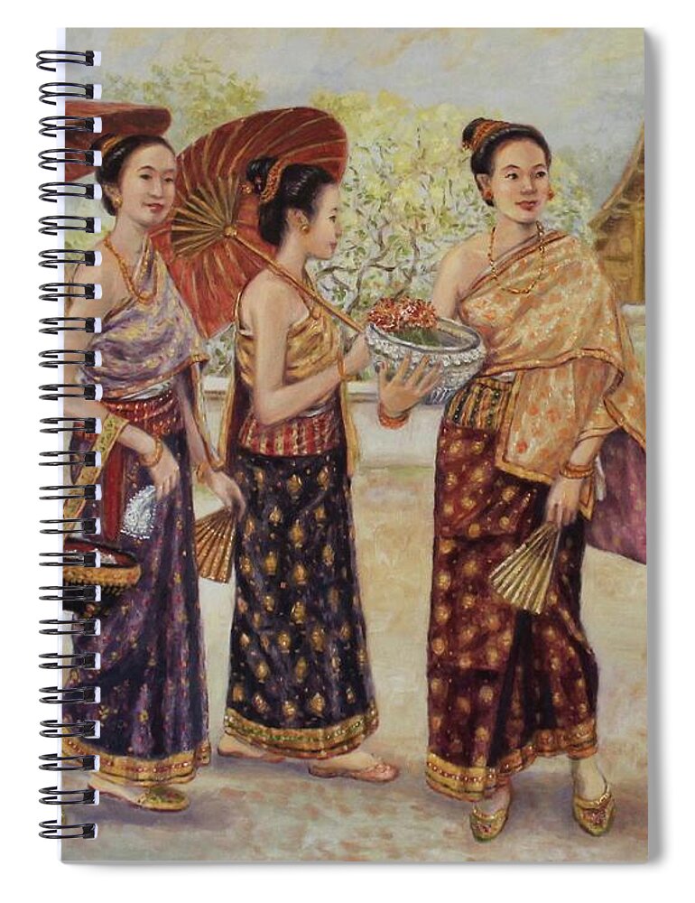 Luang Prabang Spiral Notebook featuring the painting Princesses in Procession by Sompaseuth Chounlamany