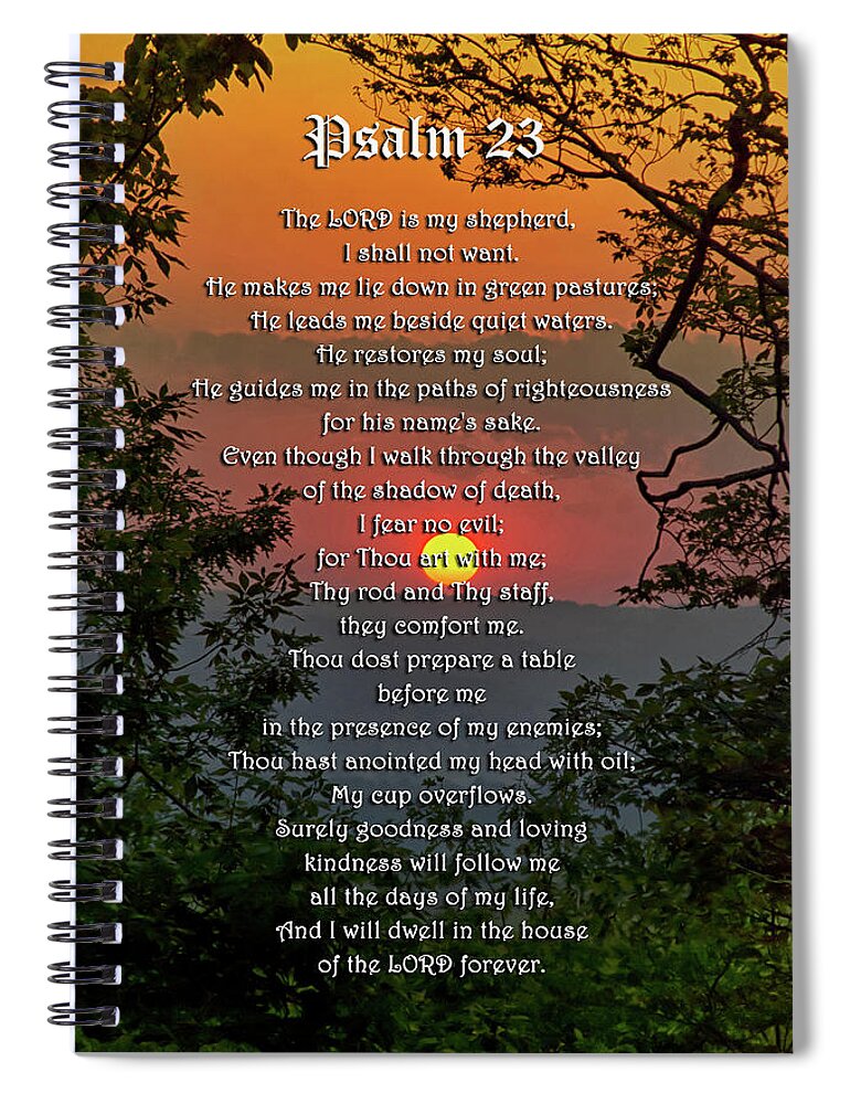 Psalm 23 Spiral Notebook featuring the mixed media Psalm 23 Prayer Over Sunset Landscape by Christina Rollo